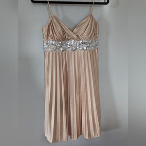 Steppin' Out Gold Pleated Skirt Cocktail Prom Dress Beaded Spaghetti Strap